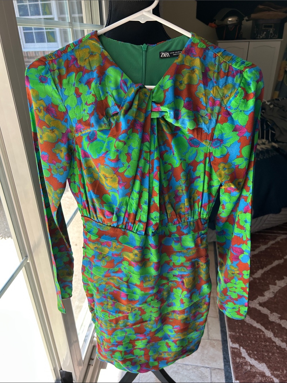 ZARA Multicolor Floral Bow-Neck Mini Dress with Green Accents